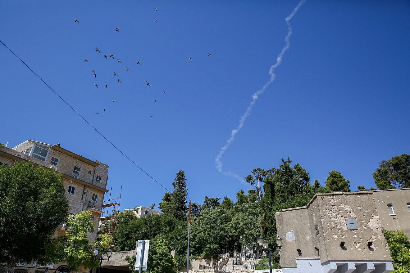A smoke trail of a Patriot missile intercepted a drone approaching Israel from Syria in the northern Israeli city of Tzfat on July 11, 2018. Photo by David Cohen/Flash90.
