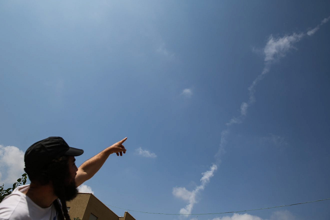 View of the trail left in the sky by a Patriot missile that was fired to intercept a drone entering Israel from Syria, as seen in the northern Israeli city of Tzfat on July 13, 2018. Photo by David Cohen/Flash90.