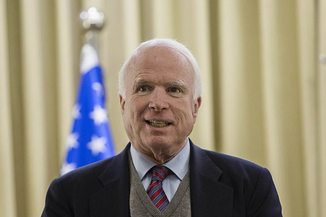 U.S. Sen. John McCain meets with Israeli President Shimon Peres (unseen) at the president’s residence in Jerusalem on Jan. 4, 2014. Photo by Yonatan Sindel/Flash90.