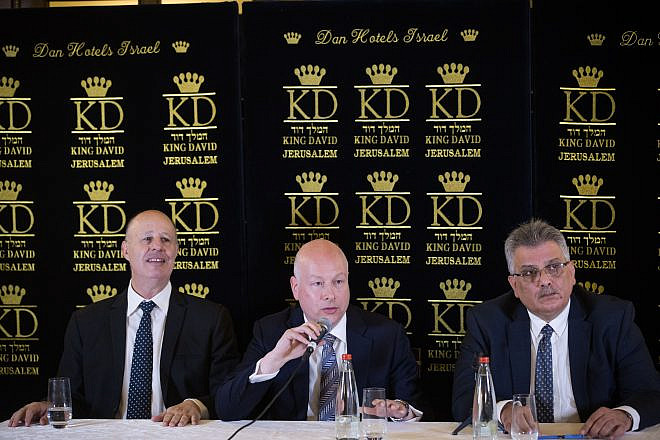 U.S. Special Envoy Jason Greenblatt (center) sits with Tzachi Hanegbi (left), Israeli Minister of Regional Cooperation, and Palestinian Authority Water head Mazen Ghuneim during a press conference regarding the water agreement between Israel and the Palestinian Authority. Photo by Yonatan Sindel/Flash90.
