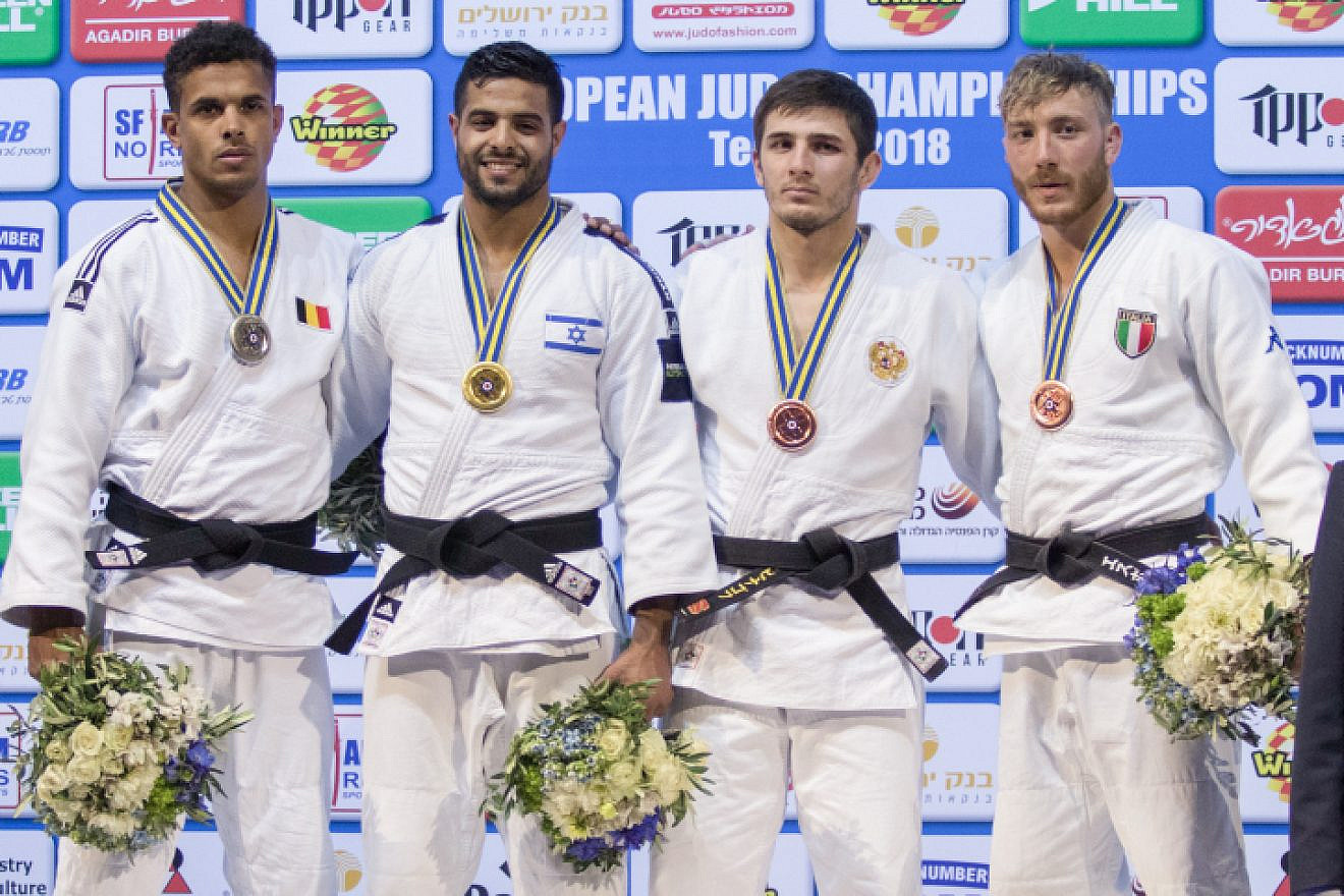 Israel's Sagi Muki (second from left) receives the gold medal on the podium after winning in the men's under 81-kg weight category during the European Judo Championship in Tel Aviv on April 27, 2018. Photo by Roy Alima/Flash90.