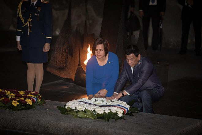 Philippines President Rodrigo Duterte visits the Yad Vashem Holocaust Memorial Museum in Jerusalem during an official visit to Israel. There, he placed a wreath with his daughter, Sara Duterte, on Sept. 3, 2018. Photo by Hadas Parush/Flash90.
