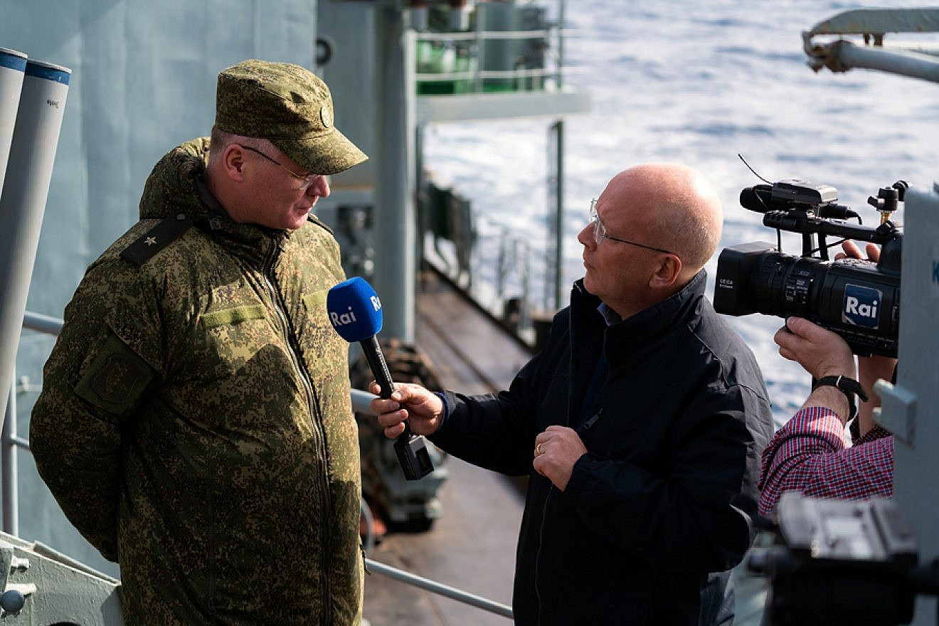 Maj.-Gen. Igor Konashenkov, chief spokesman for Russia's Ministry of Defense, being interviewed during the deployment of the Russian Navy in the Mediterranean Sea, January 2016. Credit: Russia Ministry of Defense via Wikimedia Commons.