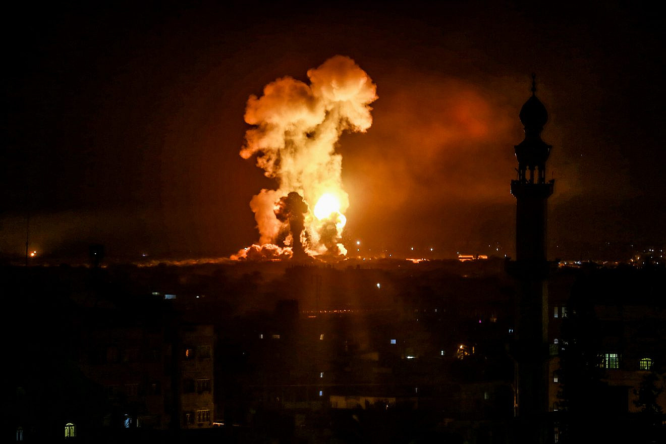 Smoke and fire rise following an Israeli airstrike in the southern Gaza Strip early on Oct. 27, 2018. Credit: Abed Rahim Khatib/Flash90.