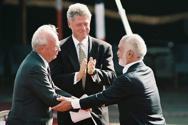 Former United States President Bill Clinton, former Israeli Prime Minister Yitzhak Rabin and former King Hussein of Jordan during the peace treaty in Aqaba, Jordan. Photo by Nati Shohat/Flash90