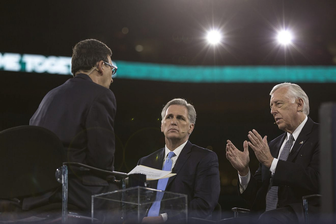 Then-House Majority Leader Kevin McCarthy and House Minority Whip Steny Hoyer interviewed on the stage at the 2016 AIPAC Policy Conference. Credit: Lorie Shaull/Flickr.