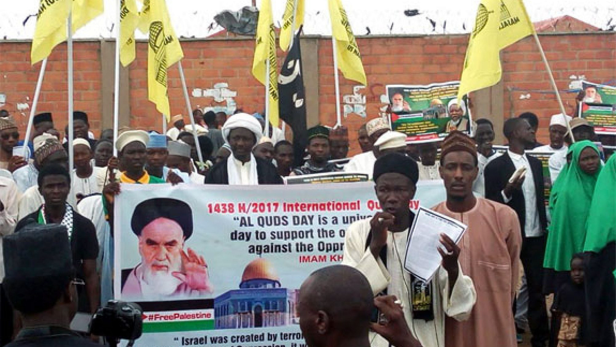 Iran sponsored an Al-Quds Day rally in Yola, Nigeria, in 2017. Iran’s Al-Mustafa International University is responsible for exporting Tehran’s revolutionary ideology. The university’s goal is to spread anti-American ideology and to “liberate Palestine” and “eradicate Israel.” Credit: Middle East Forum.