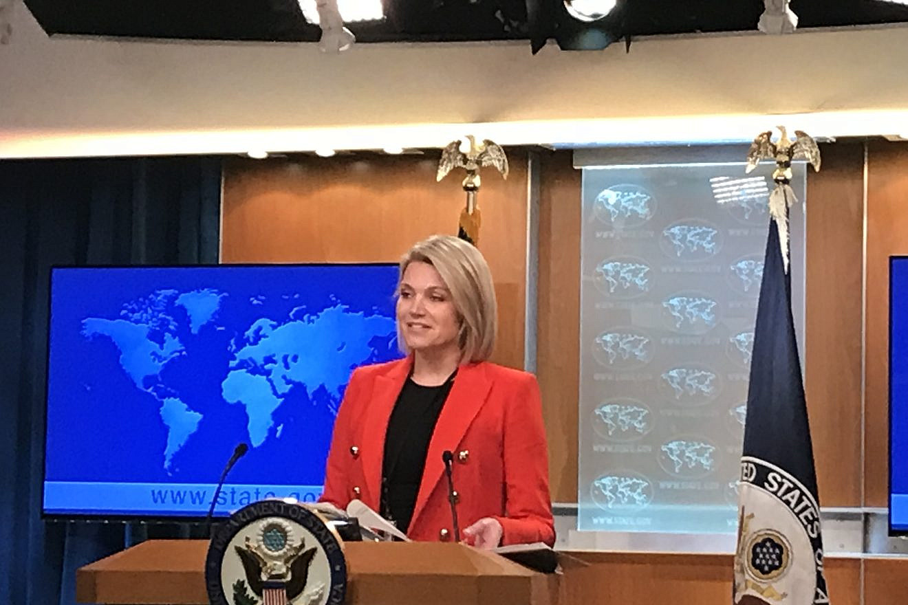 U.S. State Department spokesperson Heather Nauert delivers a press briefing at the department in Washington, D.C., on Nov. 15, 2018. Credit: Jackson Richman/JNS.