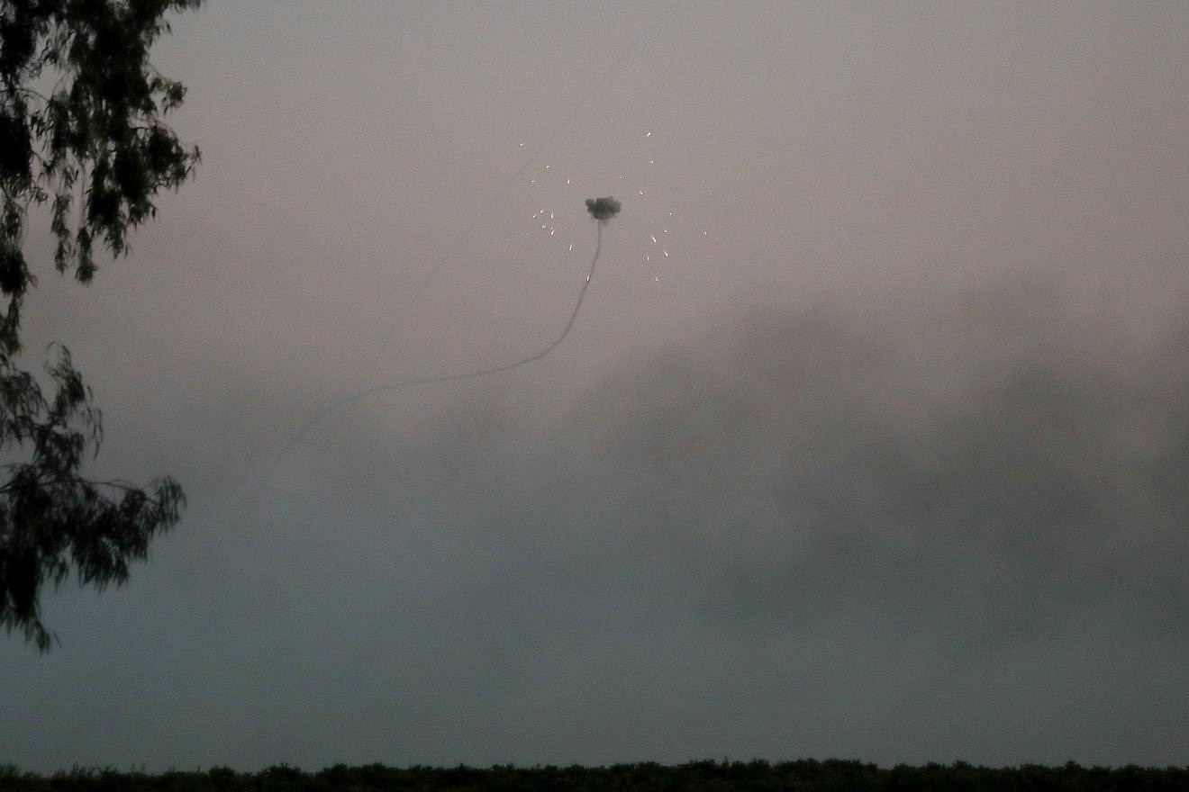 Iron Dome missiles intercept Hamas rockets from Gaza, seen in the sky in southern Israel, on Nov. 12, 2018. Photo by Hadas Parush/Flash90.