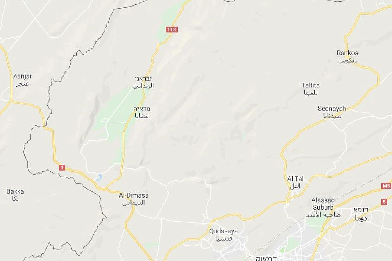 The area in Syria controlled by Hezbollah, according to a Sept. 25 article in the Lebanese daily “Al-Modon.” Credit: Google Maps.