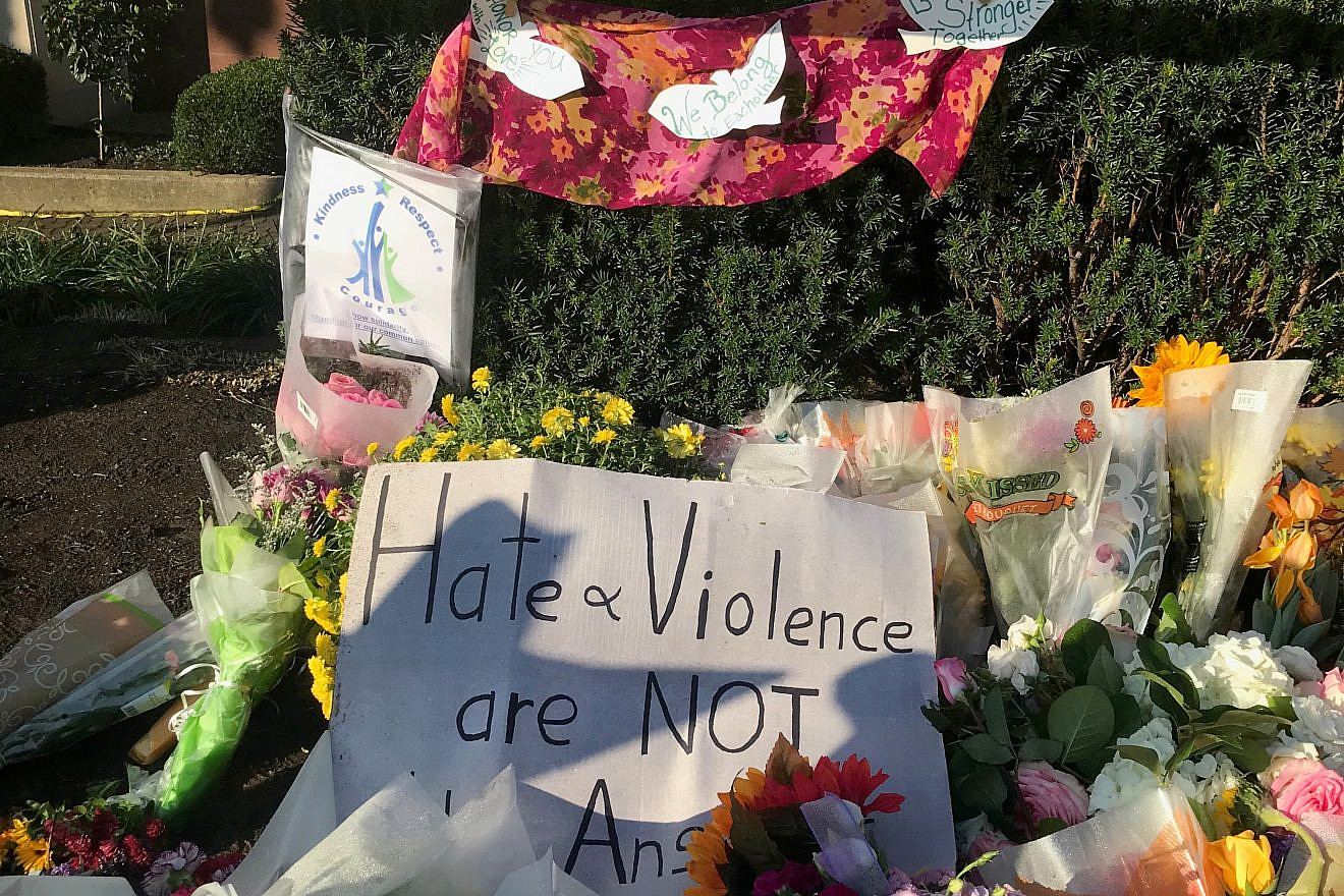 A memorial outside of the Tree of Life*Or L’Simcha Synagogue in Pittsburgh.  Source: Screenshot.