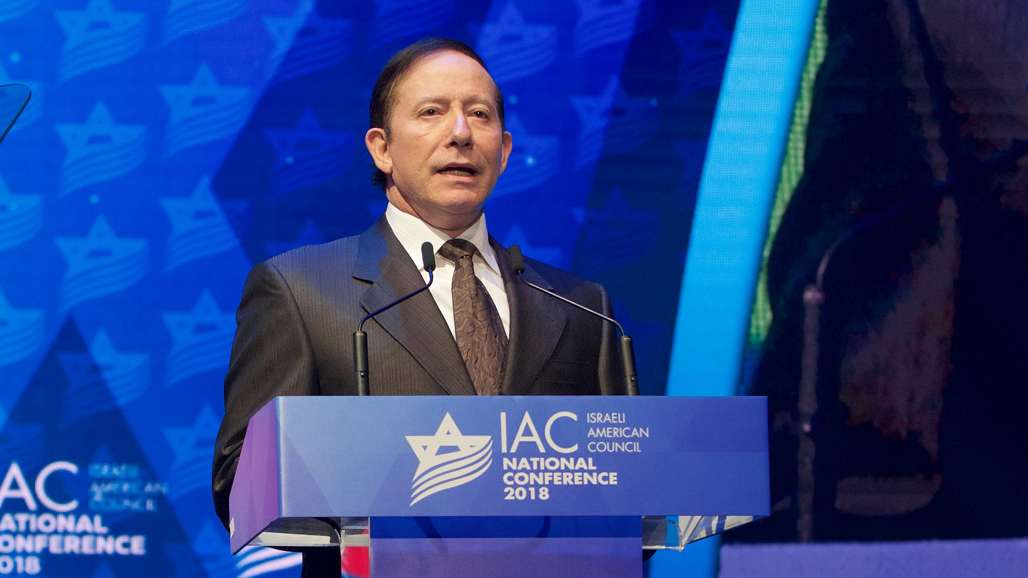 Israeli-American Council chairman Adam Milstein addressing an IAC conference in Washington, D.C. Credit: Perry Bindelglass.