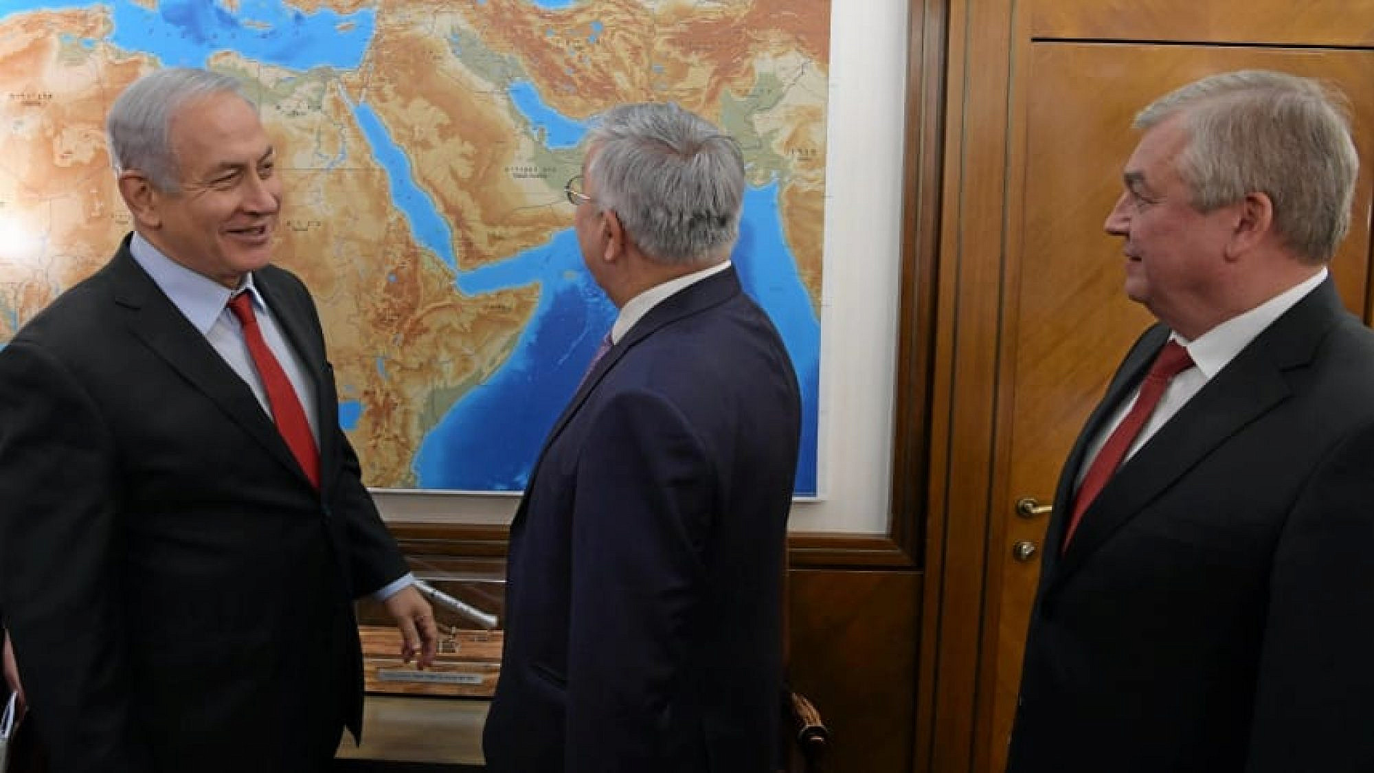 Israeli Prime Minister Benjamin Netanyahu, with Russia's special representative for Syria Alexander Lavrentiev and Russian Deputy Foreign Minister Sergey Vershinin, in Jerusalem on Jan. 29, 2019. Credit: Amos Ben Gershom/GPO.