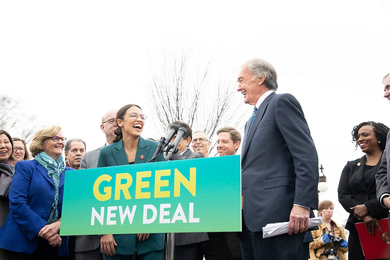 Rep. Alexandria Ocasio-Cortez (D-N.Y.) and Sen. Ed Markey (D-Mass.) introducing their “Green New Deal” climate change plan. Credit: Sen. Ed Markey via Facebook.