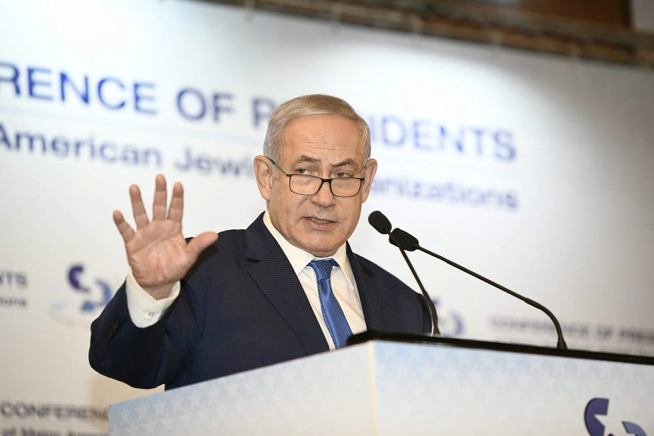 Israeli Prime Minister Benjamin Netanyahu addresses the Conference of Presidents summit in Jerusalem, Israel on Feb. 20, 2019. Credit: Conference of Presidents via Twitter.