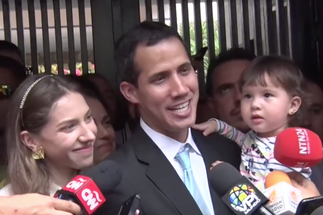 Venezuelan opposition leader Juan Guaidó and his family on Jan. 31, 2019. Credit: Voice of America/Wikimedia Commons.