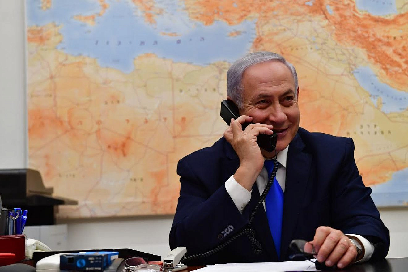Israeli Prime Minister Benjamin Netanyahu speaks to U.S. President Donald Trump over the phone on March 21, 2019, thanking him for the United States recognizing Israel's sovereignty over the Golan Heights. Credit: Kobi Gideon/GPO.