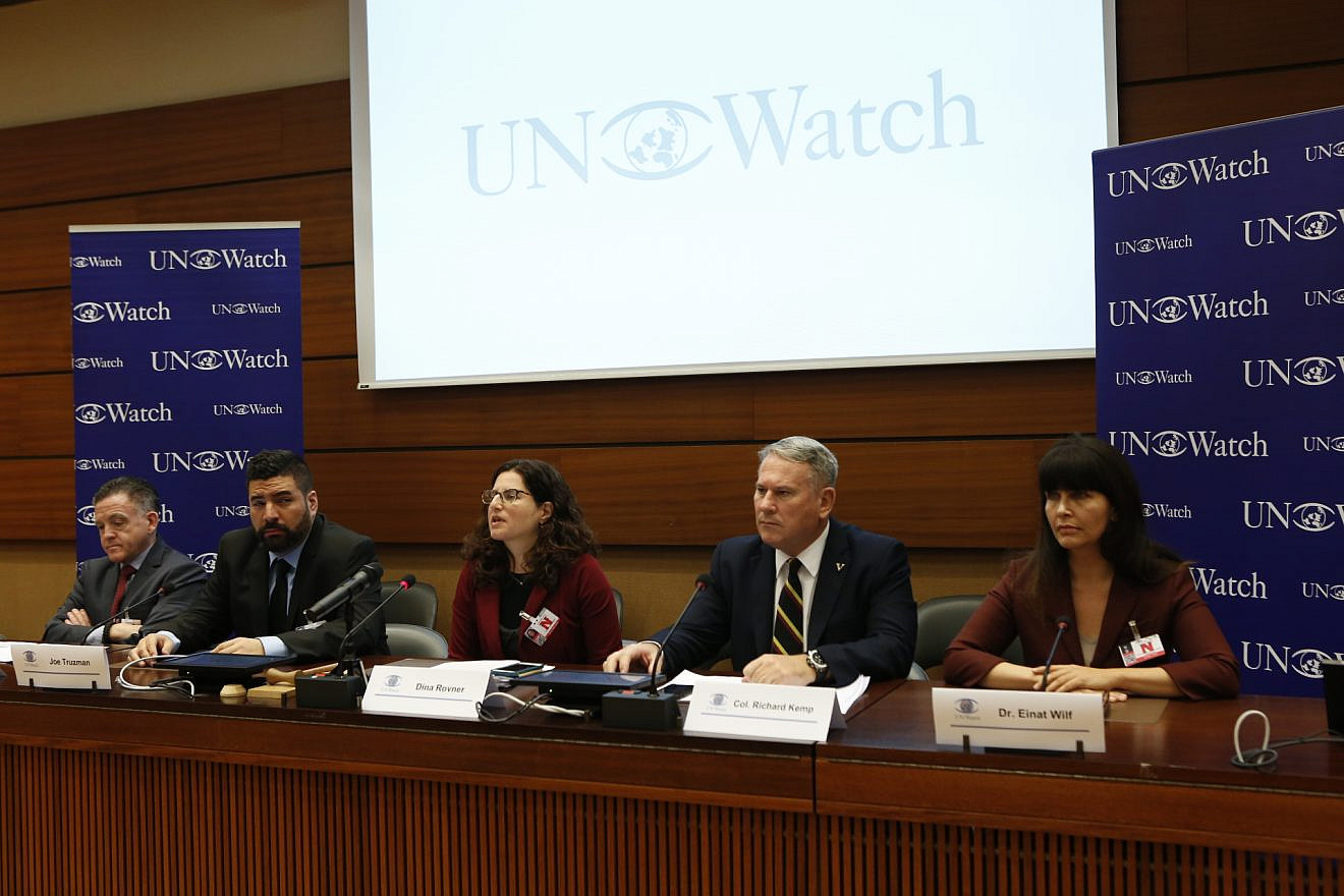 From left: Col. Geoffrey S. Corn, Joe Truzman, Dina Rovner from Shurat Hadin-Israel Law Center, former British forces in Afghanistan commander Col. Richard Kemp and former Israeli Knesset member Einat Wolf. Credit: UN Watch.