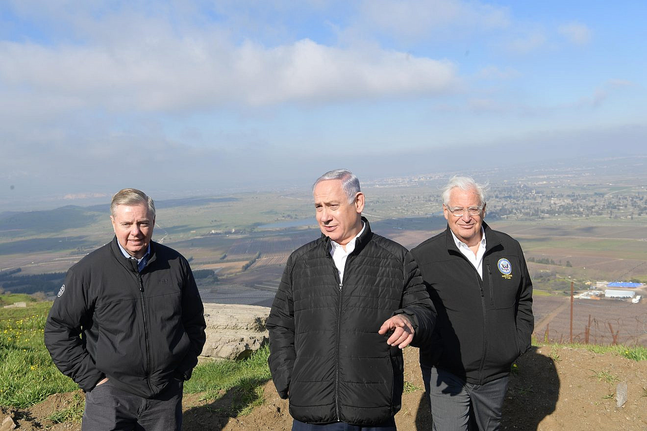 U.S. Sen. Lindsey Graham (left) with Israeli Prime Minister Benjamin Netanyahu and U.S. Ambassador to Israel David Friedman on the Golan Heights, March 11, 2019. Credit: Amos Ben-Gershom/GPO.