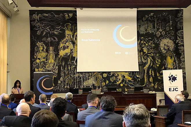 European Jewish Congress executive vice president and CEO Raya Kalenova addresses “The Circle of Security & Resilience” conference in the Belgian Senate in Brussels. Credit: European Jewish Congress/Twitter.