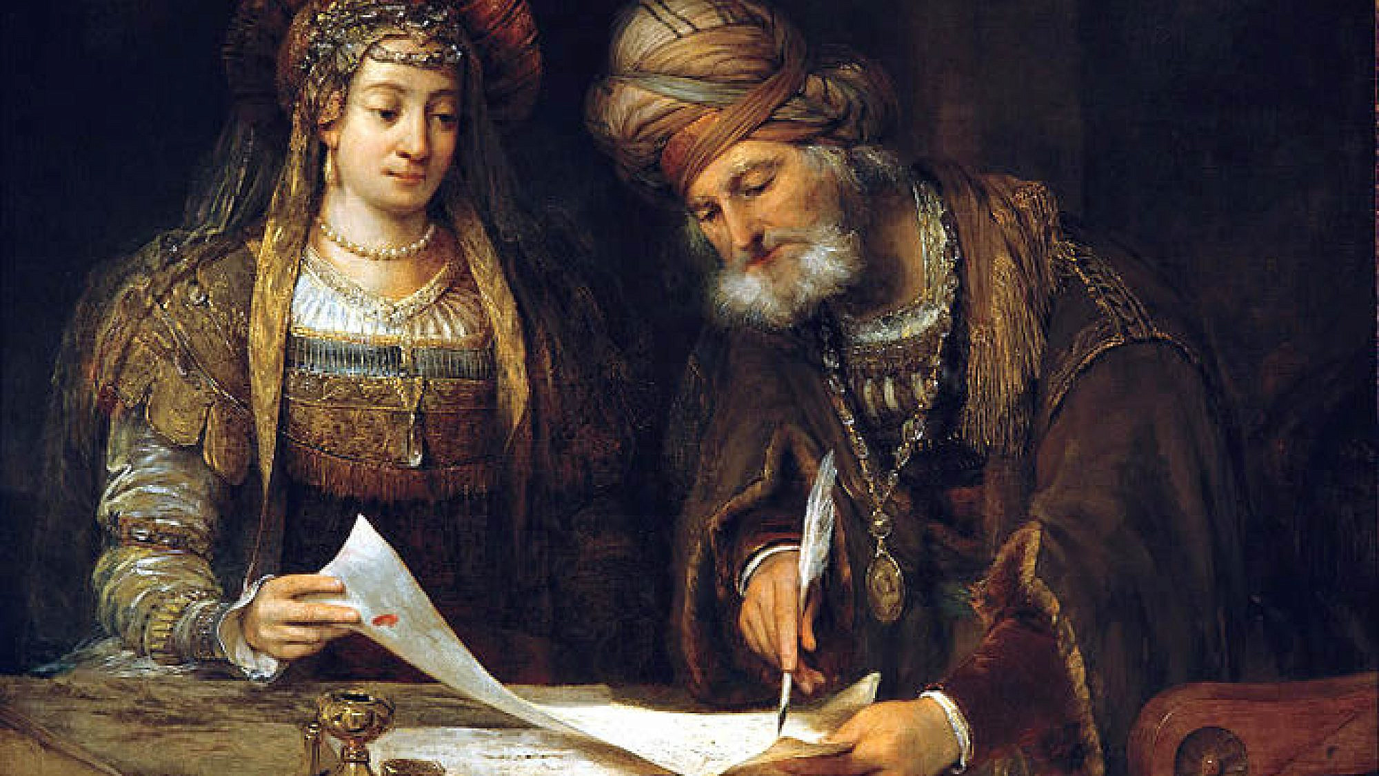 "Esther and Mordechai," oil on canvas, 1675. Museo Nacional de Bellas Artes, Buenos Aires, Argentina. Credit: Wikimedia Commons.