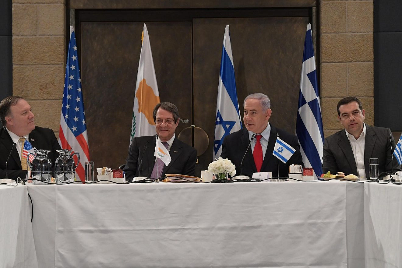 U.S. Secretary of State Mike Pompeo, Cyprus President Nicos Anastasiades, Israeli Prime Minister Benjamin Netanyahu and Greek Prime Minister Alexis Tsipras. Credit: Amos Ben-Gershom/GPO.