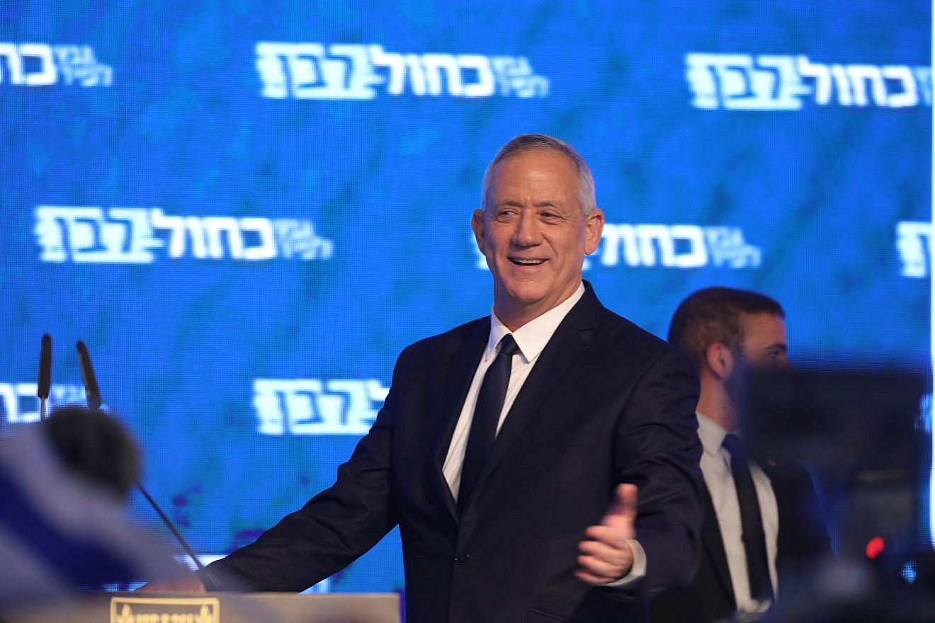 Blue and White Party leader Benny Gantz speaks to supporters as the results in Israel's national elections are announced at party headquarters in Tel Aviv on April 9, 2019. Credit: Noam Revkin Fenton/Flash90.