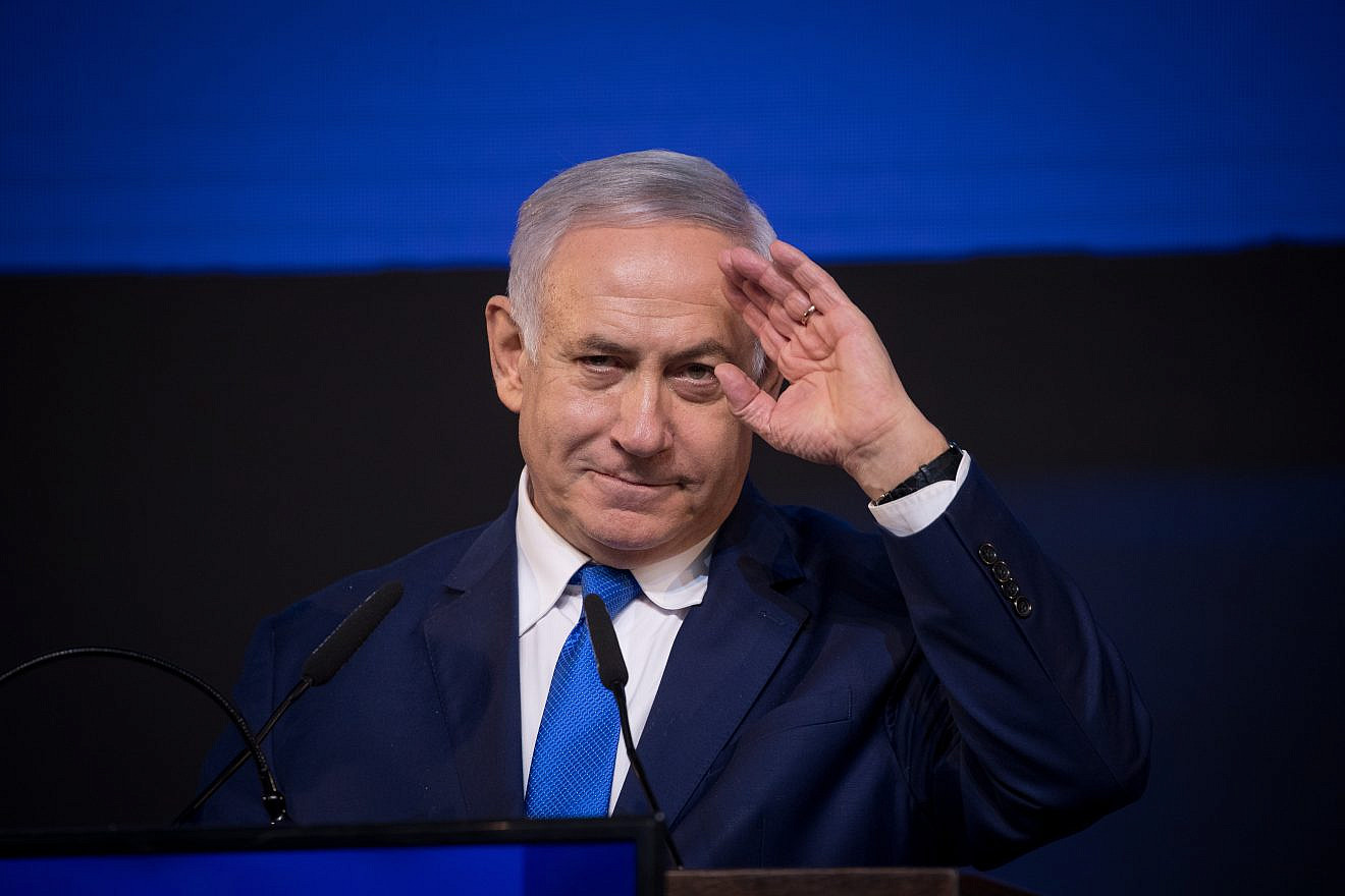 Prime Minister Benjamin Netanyahu and his wife Sara addresses their supporters as the the results in the Israeli general elections are announced, at the party headquarters in Tel Aviv, on April 09, 2019. Credit: Yonatan Sindel/Flash90
