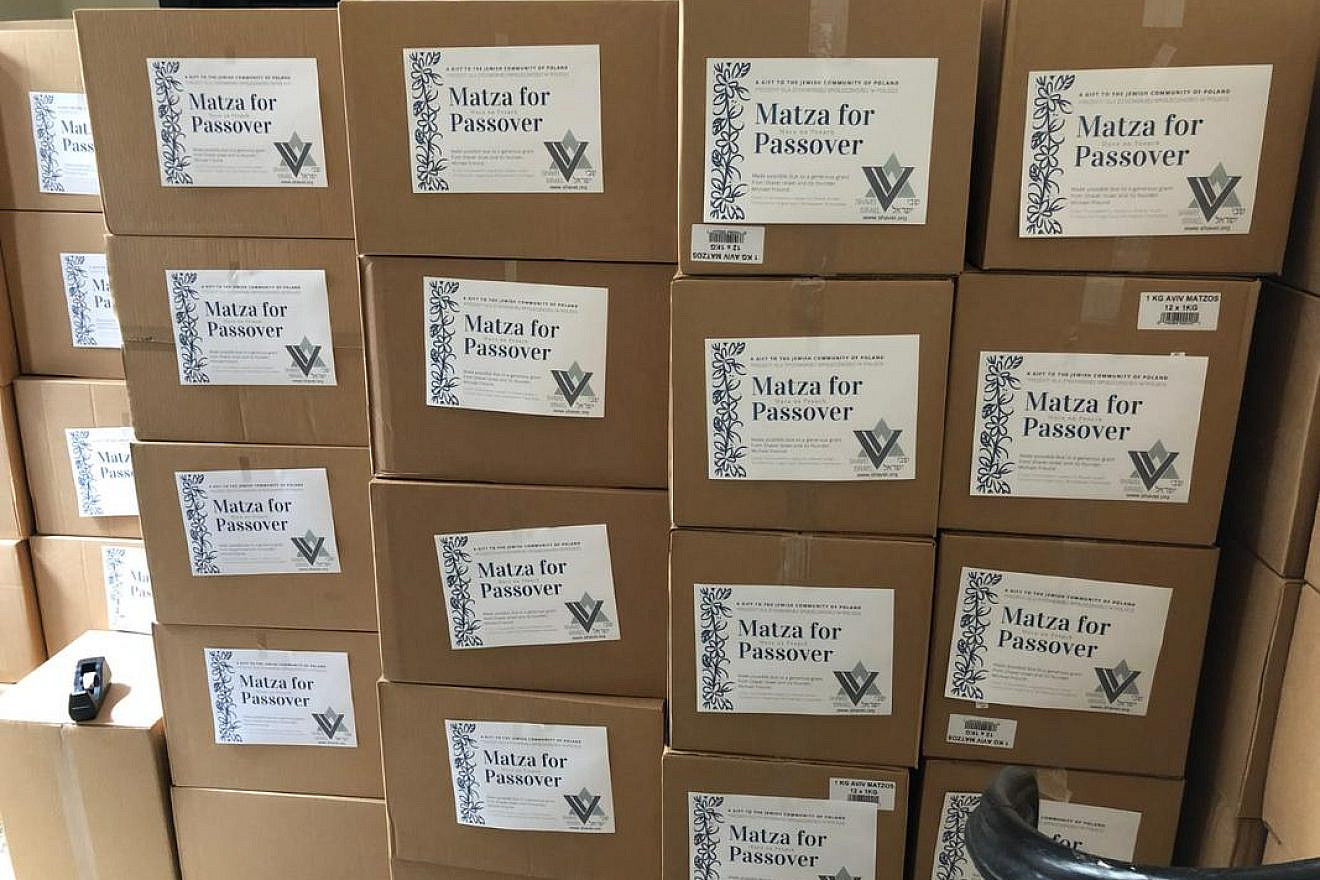 The boxes of matzah shipped by Shavei Israel to Poland's Jewish community for Passover 2019. Credit: Jewish Community of Poland.