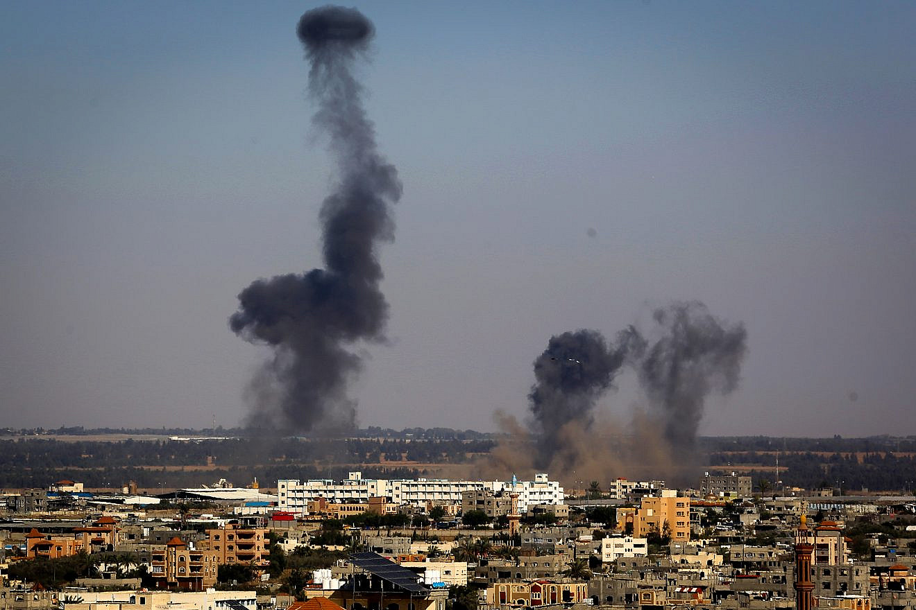 Smoke rises following an Israeli airstrike in Rafah in the southern Gaza Strip on May 4, 2019. Credit: Abed Rahim Khatib/Flash90.
