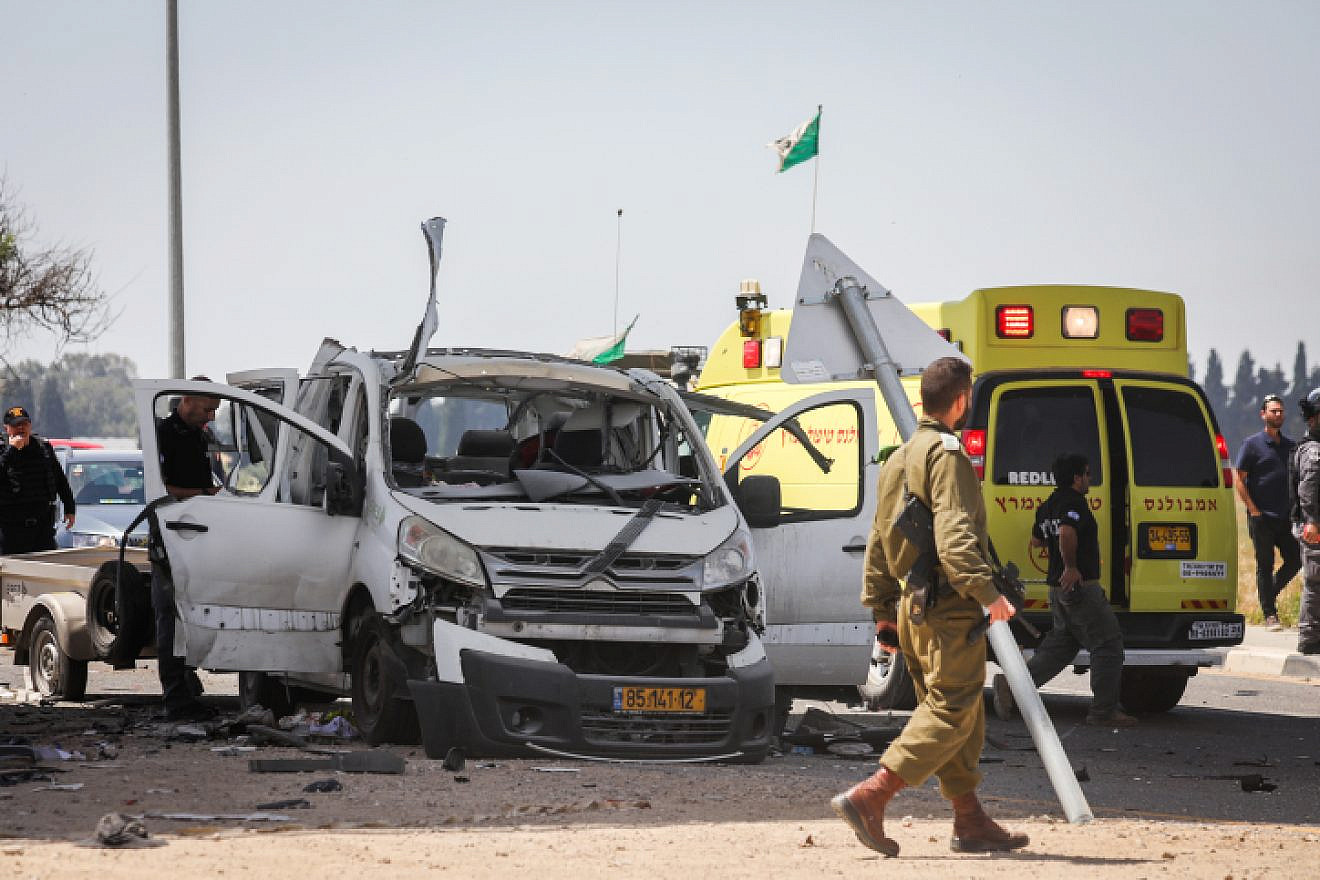 The scene where a car was hit by a rocket fired from the Gaza Strip near the Israeli border on May 5, 2019. Photo by Noam Rivkin Fenton/Flash90.