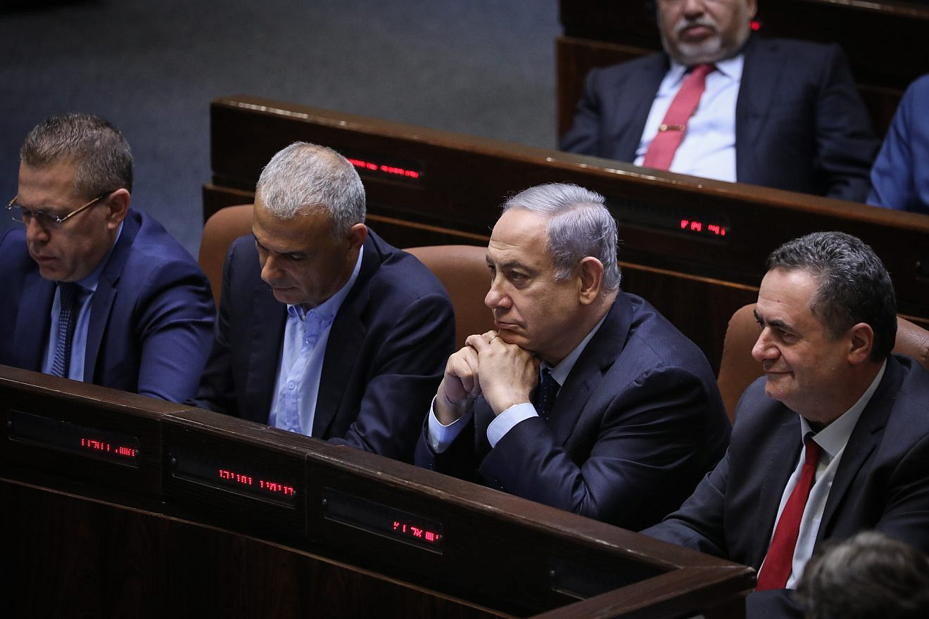 Israeli Prime Minister Benjamin Netanyahu at the Knesset Plenum Hall during a discussion to cancel the 2013 law limiting the number of ministers, May 20, 2019. Photo by Noam Revkin Fenton/Flash90.