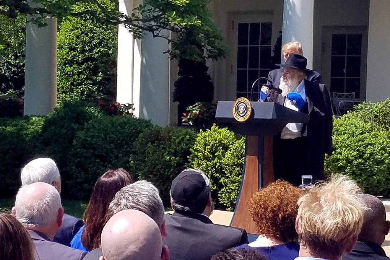 Rabbi Yisroel Goldstein of Chabad of Poway in Southern California speaks in the White House Rose Garden on May 2, 2019, less than a week after his synagogue was attacked by a lone gunman who killed one woman and wounded three. Photo by Jake Turx/Ami Magazine.