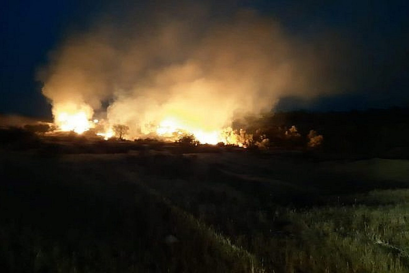 A fire rages in the Eshkol region of southern Israel on May 1, 2019. Credit: Tzvika Korbeshi/Eshkol Regional Council.