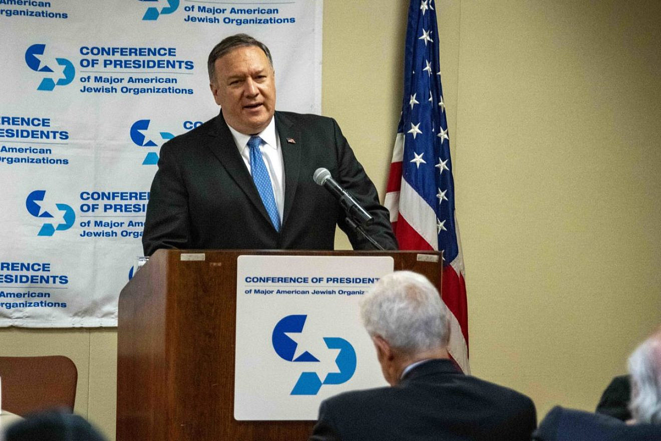 U.S. Secretary of State Mike Pompeo addresses talk of a closed-door meeting hosted by the Conference of Presidents of Major Jewish Organizations on May 28, 2019. Credit: Ron Przysucha/U.S. Department of State.