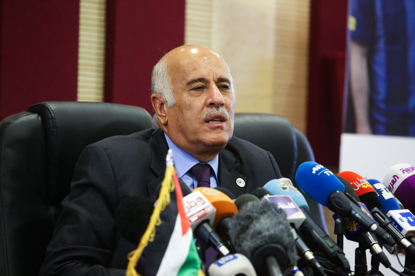 Fatah Central Committee secretary-general, Palestinian Football Association head and Palestine Olympic Committee chairman Jibril Rajoub at a press conference in Ramallah on the cancellation of a soccer match between Argentina and Israel, June 6, 2018. Credit: Flash90.