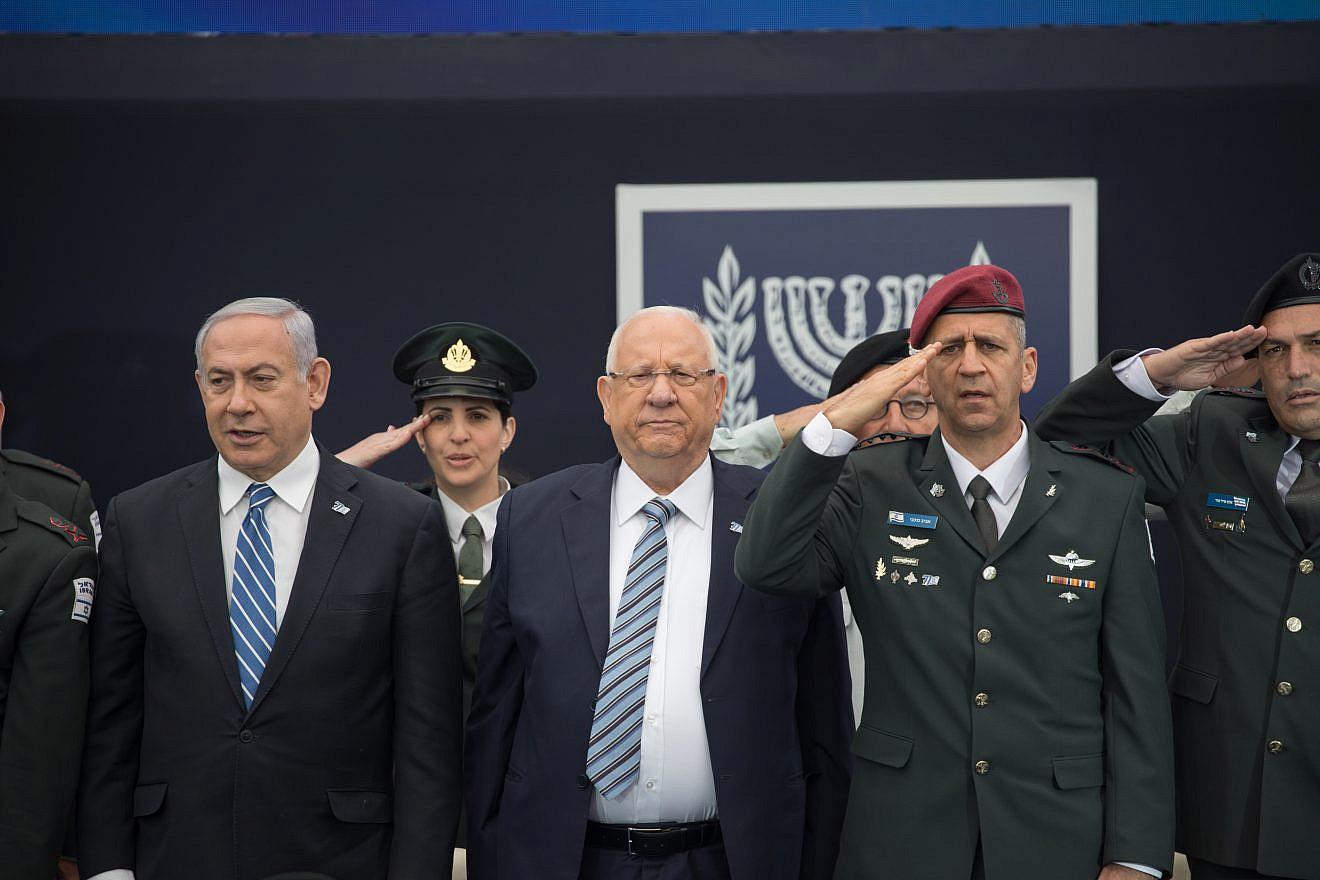 Israeli President Reuven Rivlin, IDF Chief of Staff Aviv Kochavi and Israeli Prime Minister Benjamin Netanyahu on May 9, 2019. Photo by Noam Revkin Fenton/Flash90.