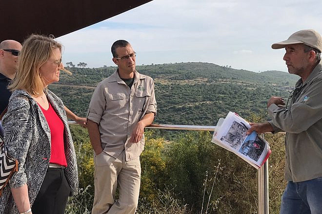 U.S. Forest Service Chief Vicki Christiansen is briefed by KKL-JNF staff at a memorial to those who perished during Israel's 2010 Carmel Fire, on May 26, 2019. Credit: Courtesy.