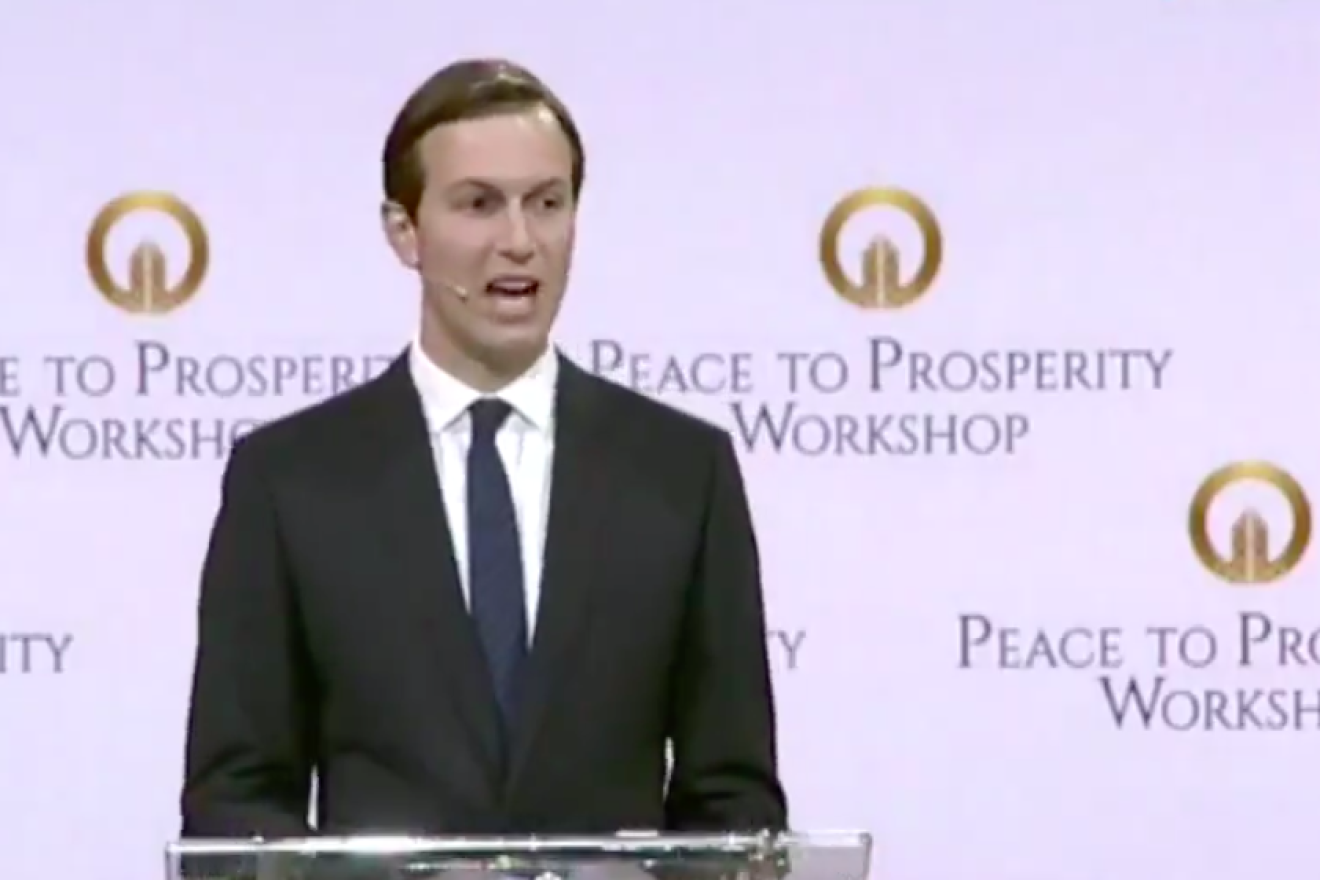 White House senior adviser and presidential son-in-law Jared Kushner addresses the "Peace to Prosperity" workshop in Manama, Bahrain, June 25, 2019. Source: Screenshot.