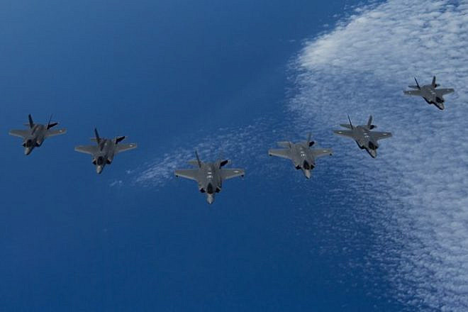 U.S. Air Force F-35A Lightning IIs (center) lead a formation of Royal Air Force F-35B Lightnings (left) and Israeli Air Force F-35I Lightning IIs (right) during Exercise Tri-Lightning over the Mediterranean Sea on June 25, 2019. Photo: Staff Sgt. Keifer Bowes/U.S. Air Force.