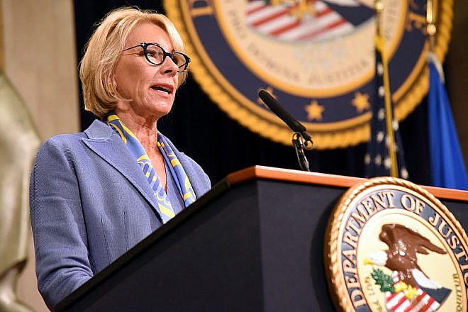 U.S. Secretary of Education Betsy DeVos speaking at the U.S. Department of Justice Summit on Combating Anti-Semitism on July 15, 2019. Credit: DOJ.