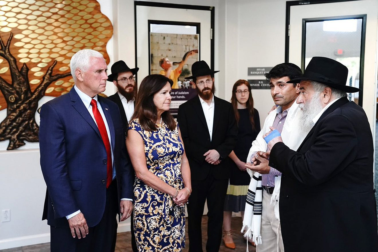 U.S. Vice President Mike Pence and his wife, Karen, meet with Rabbi Yisroel Goldstein at Chabad of Poway on July 11, 2019. Source: Vice President Mike Pence/Twitter.