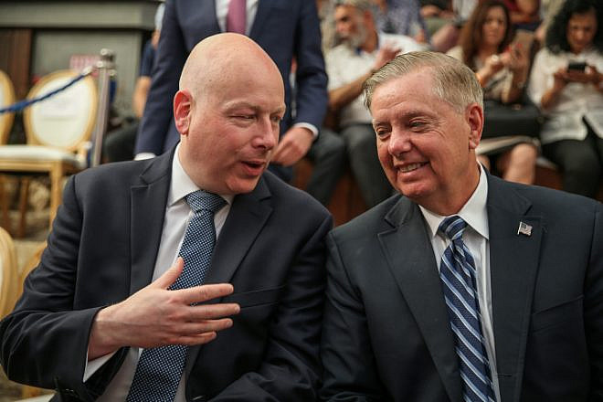 U.S. Middle East envoy Jason Greenblatt (left) speaks with U.S. Senator Lindsey Graham (R-S.C.) at the opening of an ancient road at the City of David archaeological site in eastern Jerusalem, June 30, 2019. Photo by Flash90.
