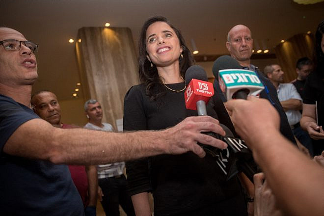New Right Party chair Ayelet Shaked arrives at the Ramada Hotel in Jerusalem for a meeting with Jewish Home Party chair Rafi Peretz after announcing their union in Jerusalem ahead of the September elections, July 28, 2019. Photo by Yonatan Sindel/Flash90.