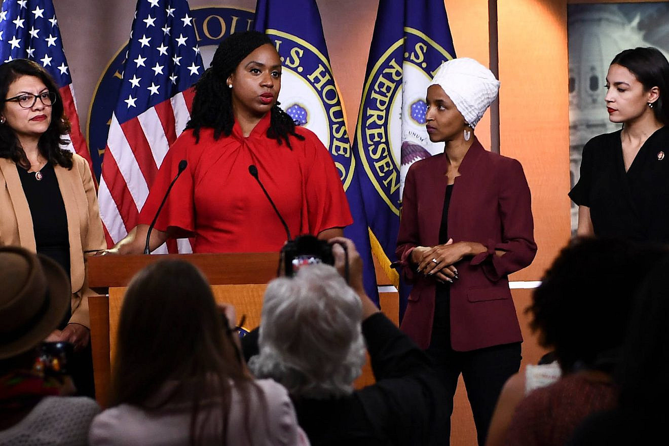 From left: Reps. Rashida Tlaib (D-Mich.), Ayanna Pressley (D-Mass.), Ilhan Omar (D-Minn.) and Alexandria Ocasio-Cortez (D-N.Y.) address U.S. President Donald Trump's remarks on Capitol Hill. Source: Screenshot.