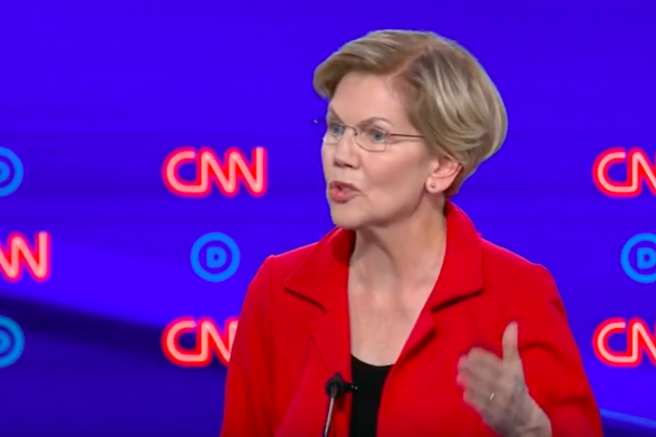 Sen. Elizabeth Warren (D-Mass.) at the second Democratic presidential debate in Detroit on July 30, 2019. Source: Screenshot.