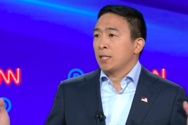 Entrepreneur and 2020 Democratic presidential candidate Andrew Yang at the second Democratic presidential debate in Detroit on July 31, 2019. Source: Screenshot.