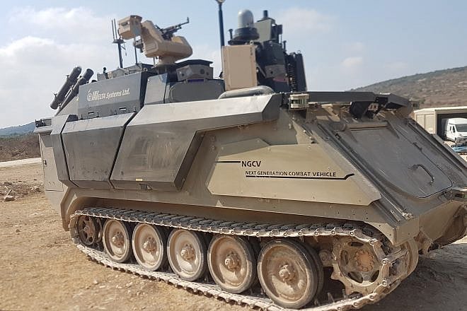 Israel Aerospace Industries’s prototype of the Carmel autonomous armored vehicle, powered by artificial-intelligence technology. Photo by Yaakov Lappin.