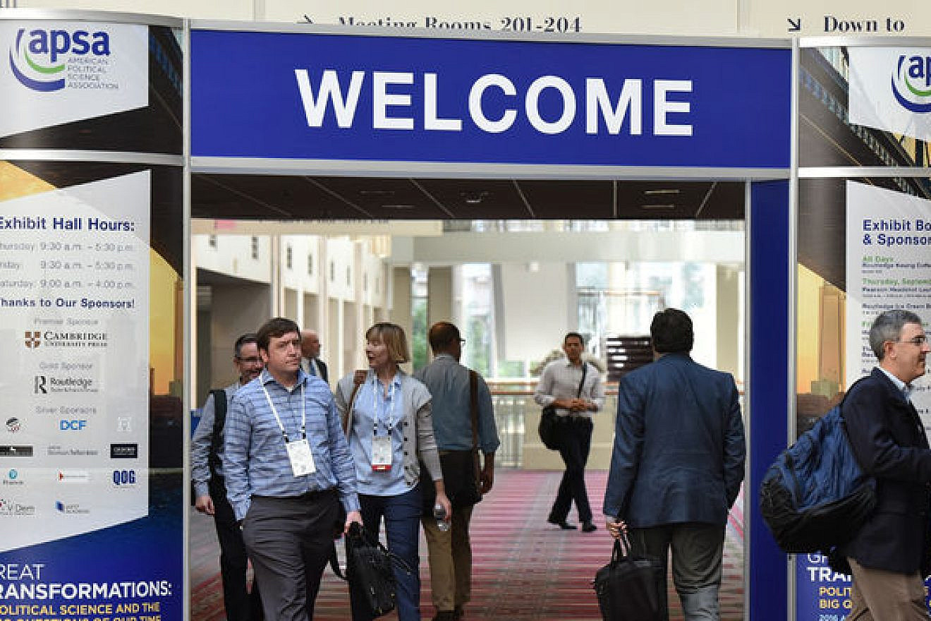 A banner welcoming people to the American Political Science Association's annual convention. At its 2019 meeting, a group of political theorists is expected to discuss a resolution to boycott Israeli academic institutions. Credit: APSA via Facebook.