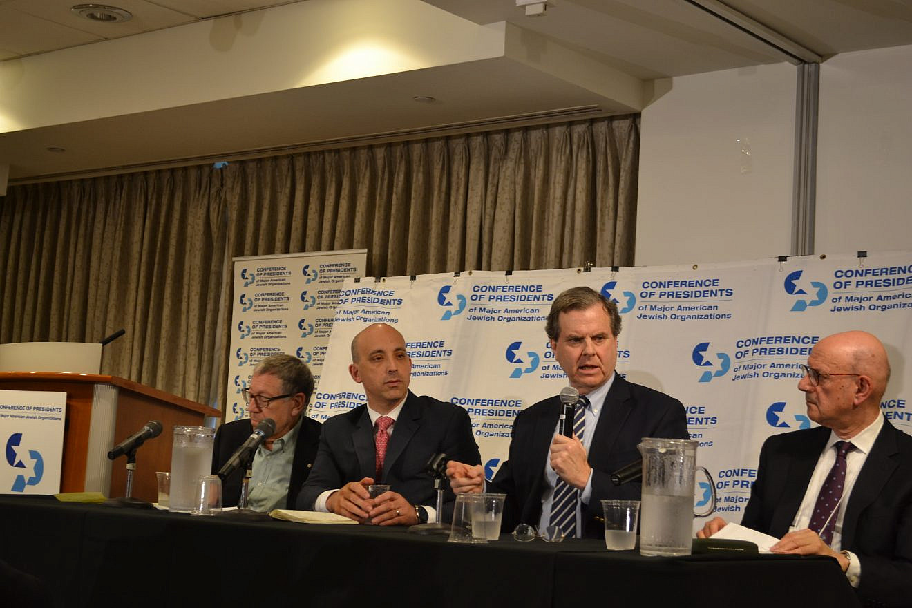 From left: Irwin Cotler, former Canadian justice minister and attorney general; Jonathan Greenblatt, CEO and national director of the Anti-Defamation League; David Harris, executive director of the American Jewish Committee; and Dan Mariaschin, CEO of B'nai B'rith International. Credit: Conference of Presidents of Major American Jewish Organizations.
